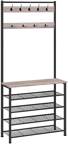 HOOBRO Hall Tree, Coat Rack with Shoe Rack, Hall Tree with Bench, 5 Tier Shoe Storage Organizer with 9 Hooks for Entryway, Closet, Sturdy, Industrial, Greige and Black BG80MT01G2