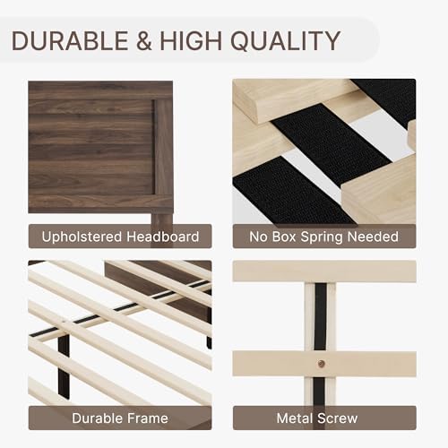 KISLOT Wood Bed Frame with Headboard and Footboard, Walnut, Full