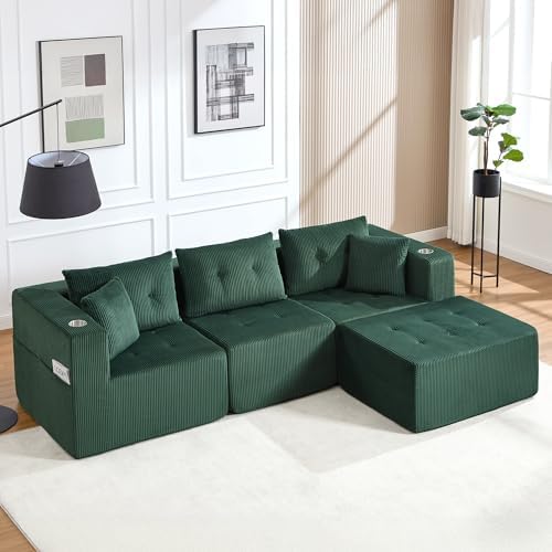 100" L Shaped Modular Sectional Sofa, Oversized 4-Seater Boneless Tufted Cloud Couch with Cup Holder and Movable Ottoman, Corduroy Upholstery Couches for Living Room, No Assembly Green