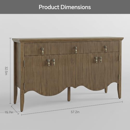 57" Fluted Sideboard Buffet,Retro Storage Cabinet, Light Oak