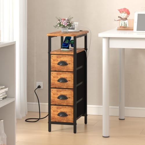 sthmec Nightstand with Charging Station, Narrow Night Stand Set of 2 with 4 Drawers, Skinny Side Table with Fabric Drawers,Slim Sofa Couch Tables for Small Spaces Bedroom,Rustics Brown