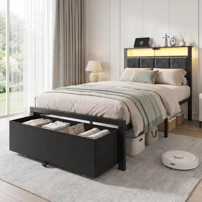 Twin Size Bed Frame with Upholstered Headboard and Storage Drawer