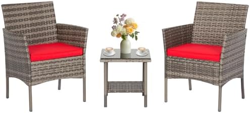 FDW 3-Piece Patio Furniture Set | Gray & Red | Outdoor Wicker Furniture