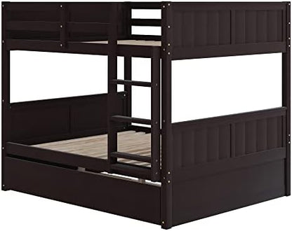 Merax Trundle Bunk Bed, Full Over Full Wood Bunk Bed with Twin Size Trundle, Guardrail and Ladder, Can be Separated into 2 Beds, Espresso