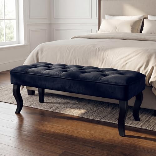 JHY DESIGN 40" L Dutch Velvet Ottoman Bench Upholstered End of Bed Bench with Wooden Legs and Button-Velvet Soft Bench for Bedroom Entryway Sofa Living Room Balcony Hallway (Navy Blue)