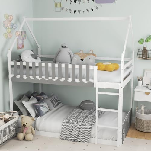 KOMFOTT Wood Twin Over Twin House Bunk Bed, Solid Wood Low Bunk Bed Frame with Ladder, Safety Guardrails & Fences, Space-Saving House Bunk Bed Frame for Teens, Juniors, No Box Spring Needed (White)