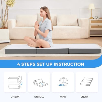 MASVIS Trifold Mattress, 3 Inch Memory Foam Foldable Mattress with Washable Cover, Tri-Folding Floor Bed for Camping, Twin
