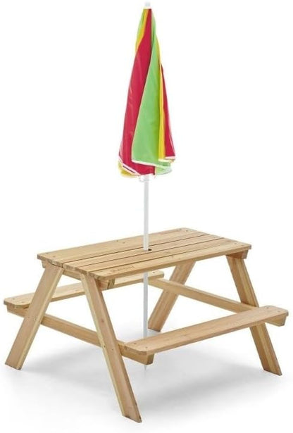 Plum® Wooden Kids Picnic Table - Outdoor Toddler Activity Table and Chair Set with Removable & Adjustable Umbrella, Built-in Bench, Backyard Furniture, Durable, Weatherproof, Easy to Clean, Ages 2+