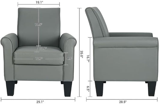 Mid-Century Modern Accent Chair, Overstuffed Leather Chairs for Living Room,Upholstered Comfy Club Chair Fake Faux Leather Armchair for Bedroom Apartment Office Lounge, PU Leather, Grey