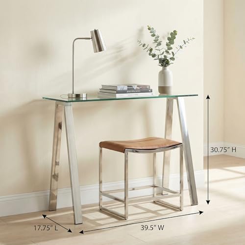 Cortesi Home Trixie Glass Top Desk/Console Table with Stainless Steel Frame, 40"