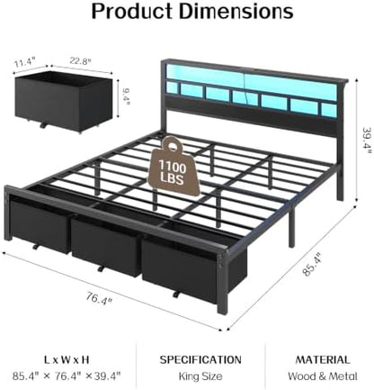 King Size Bed Frame with 3 Storage Drawers & Headboard