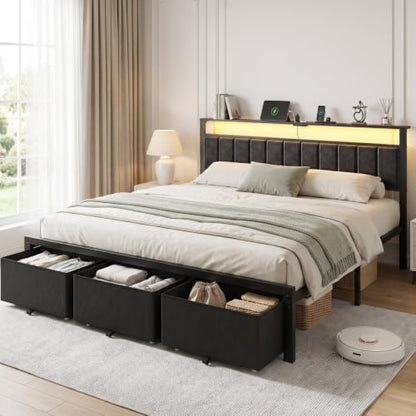 King Size Bed Frame with Upholstered Headboard and 3 Storage Drawers