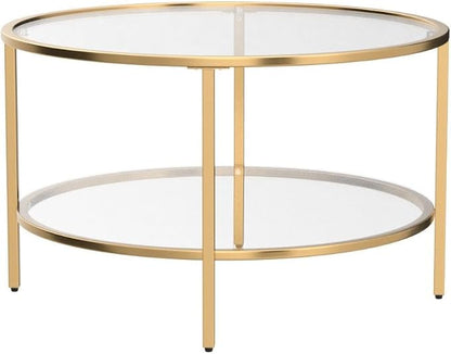 VINGLI Glass Coffee Table, 30" Round Champagne Gold Coffee Tables for Living Room,2-Tier Glass Top Coffee Table with Storage Clear Coffee Table,Simple & Modern Center Table Mesa de Centro para Sala