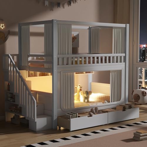 Full Over Full Bunk Bed with Privacy Curtains, Under Bed LED Lighting, Storage Stairs, and Built-in Compartments (White-4, Full)