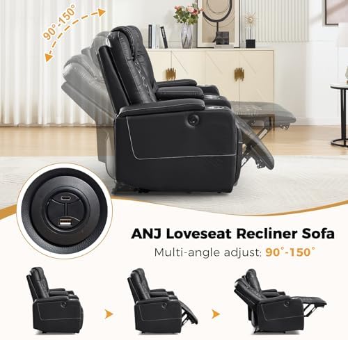 ANJ Faux Leather 3-Piece Power Reclining Set, Dual Recliners & 3-Seat Sofa with USB, Black