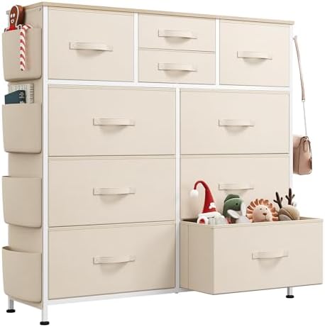WLIVE 10 Drawer Fabric Dresser for Bedroom, Side Pocket Chest, Cream White