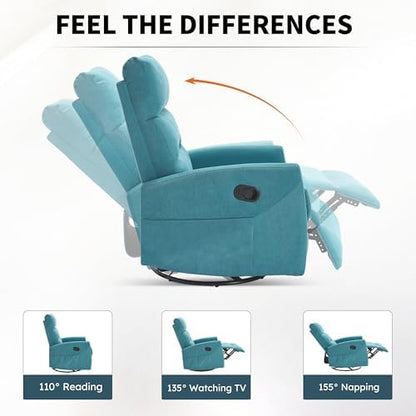 Luxlen 360° Swivel Rocking Chair for Nursery, Manual Glider Chair Nursing Chair with Side Pockets, Polyester Glider for Living Room, Heavy Duty Motion Mechanism, Blue