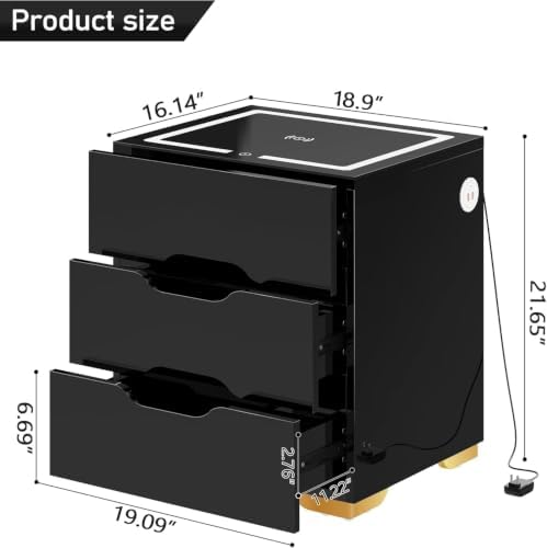 kepptory 3 Drawer Nightstand with Charging Station, Smart Bedside Table with Wireless Charging & LED Lights, High Gloss End Table with USB Ports, Modern Storage Cabinet Organizer for Bedroom, Black