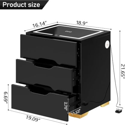 kepptory 3 Drawer Nightstand with Charging Station, Smart Bedside Table with Wireless Charging & LED Lights, High Gloss End Table with USB Ports, Modern Storage Cabinet Organizer for Bedroom, Black