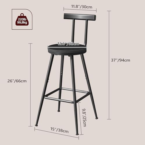 MAHANCRIS Bar Stools, Set of 2 Bar Chairs with Backrest and Footrest, 26" Tall Counter Stools, Metal Frame, Adjustable Feet, Easy Assembly, for Kitchen, Living Room, Pub, Black BAHB6001