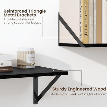 Deep Floating Shelves for Wall, 36W x 8D Wall Mounted Shelves Set of 2, Wide Display Ledge Shelf with Sturdy Metal Brackets for Living Room, Bathroom, Bedroom and Kitchen, Black