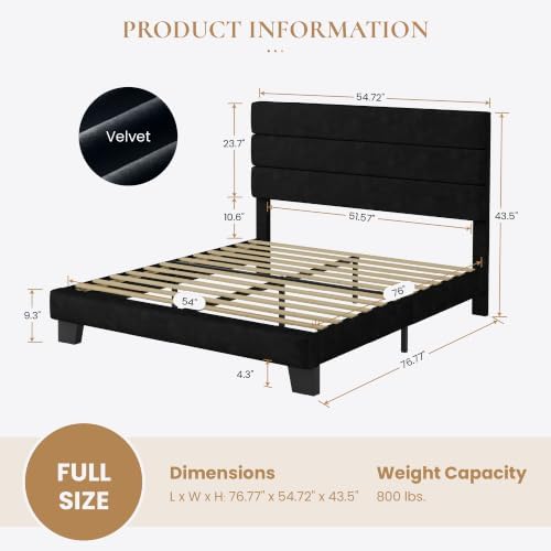 SHA CERLIN Full Platform Bed Frame with Upholstered Velvet Headboard, Black