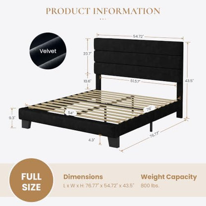 SHA CERLIN Full Platform Bed Frame with Upholstered Velvet Headboard, Black