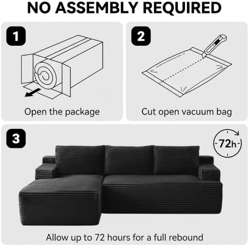 97" Cloud Boneless Couch, L-Shaped Sectional Sofa for Living Room, Black