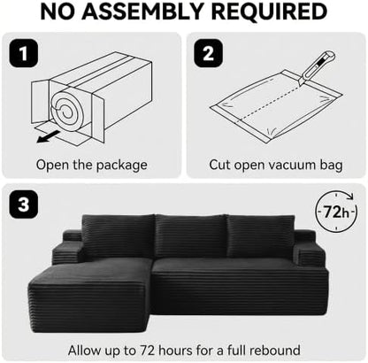 97" Cloud Boneless Couch, L-Shaped Sectional Sofa for Living Room, Black