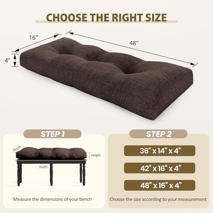 downluxe Indoor Bench Cushion for Indoor Furniture, Non-Slip Tufted Overstuffed Textured Foam Bench Seat Cushion, 48" X 16" X 4", Brown, 1 Pack