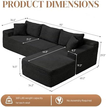 95" L Shaped Cloud Boneless Sectional Couches for Living Room, Modern Comfy Modular Deep Seat Memory Foam Compressed Corduroy Sofa Oversized Right Facing Chaise, No Assembly Required, Balck