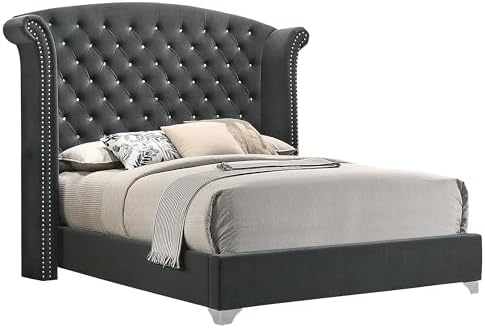 Coaster Melody Queen Velvet Wingback Bed with Nailhead Trim, Grey 223381Q
