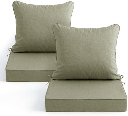 Water Resistant Outdoor Chair Cushions, Faux Linen Backrest and Deep Seat Cushion Set with Ties, Removable Cover, Non-Slip Bottom for Patio Furniture, 24 x 24 Inch, Mocca Green, Set of 2
