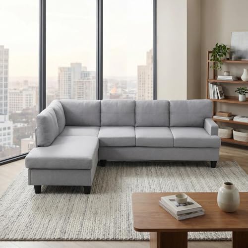 L-Shape Breathable Fabric Sectional Couch, 2-Piece Sofa Set for Living Room, Modern Linen-Style Upholstered Couch Set with Solid Wood Frame and Comfortable Spring Support, Light Grey
