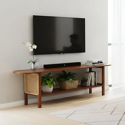 Tiita Walnut TV Stand for 65-Inch TVs, 2 Open Shelves, Rattan Media Console