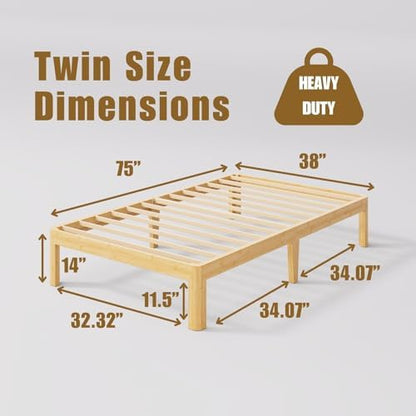 14" Bamboo Wood Twin Bed Frame Platform with Metal Slat Support, Natural