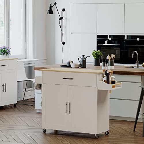 IRONCK Kitchen Island Table on Wheels with Drop Leaf, 47.25" Wide White