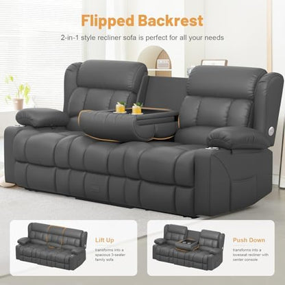 Dresegmt Loveseat Recliner Sofa, Flip Middle Backrest Design PU Leather 3 Seat Reclining Sofa with Storage Drawer, Manual Couch for Living Room/RV (Gray, PU)