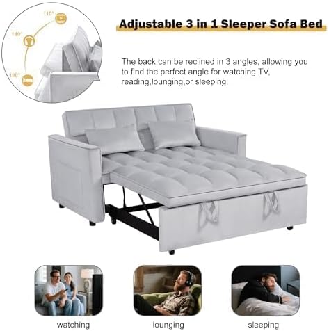 54'' Sleeper Sofa Bed, Convertible Pull Out Couch Futon with Side Pockets, Velvet Loveseat Sofa Bed with Adjustable Backrest, Armrest Pillows for Living Room Dorm Apartment, Light Gray