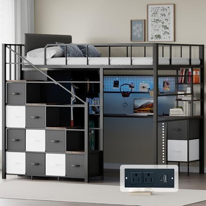 Full Size Loft Bed with Desk, Stairs & LED Light, Black