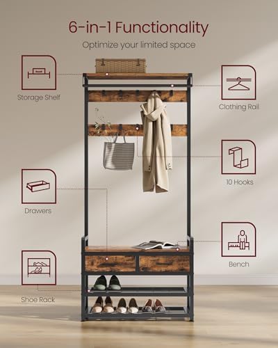VASAGLE Hall Tree with Bench and Shoe Storage, 2 Fabric Drawers, 10 Hooks