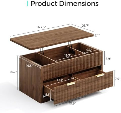 LINSY Lift Top Coffee Table with Hidden Storage, Adjustable Shelf, Walnut | Modern Farmhouse Wood Coffee Table for Living Room with Metal Handles, Fluted Design