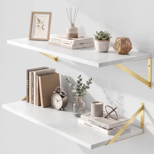 Dreamland Wall Mounted Floating Shelves Set of 2, 30x12, White&Gold