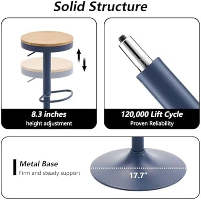 Kidol & Shellder Bar Stools Set of 4 Round Adjustable Swivel Barstools Modern Backless Bar Chairs Wooden Seat Counter Height Stools Armless for Kitchen Island, Cafe, Dining Room Blue