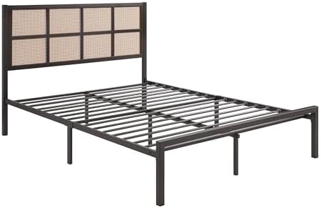 Lexicon Metal Bed Frame with Rattan Headboard, Platform Bed with Strong Metal Slat Support Under Bed Storage, Boho Faux Cane Bed, Mattress Foundation No Box Spring Needed, Full Bed, Dark Bronze
