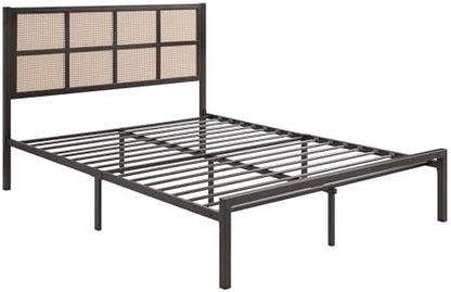 Lexicon Metal Bed Frame with Rattan Headboard, Platform Bed with Strong Metal Slat Support Under Bed Storage, Boho Faux Cane Bed, Mattress Foundation No Box Spring Needed, Full Bed, Dark Bronze