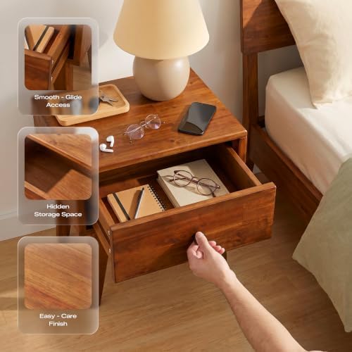 Acacia Sofia Nightstand with Drawer, Bedside Table, Solid Wood Bedside End Table with Drawer and Storage Space for Bedroom, Caramel