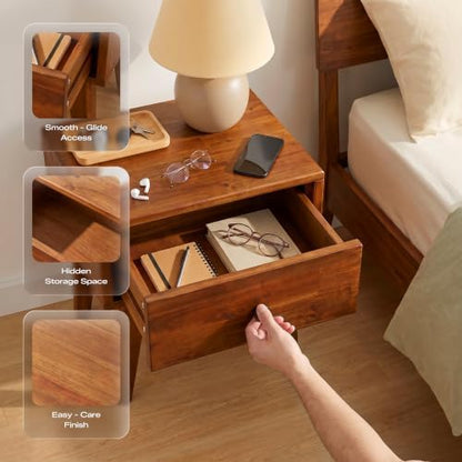 Acacia Sofia Nightstand with Drawer, Bedside Table, Solid Wood Bedside End Table with Drawer and Storage Space for Bedroom, Caramel