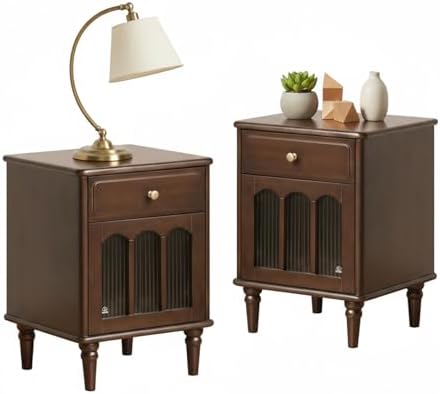 Solid Wood Nightstand Set of 2, Wooden Nightstands with Drawer and Fluted Glass Door – Mid Century Modern Farmhouse Bedside Table, Left and Right Set, 15.75" D x 16.54" W x 22.83" H