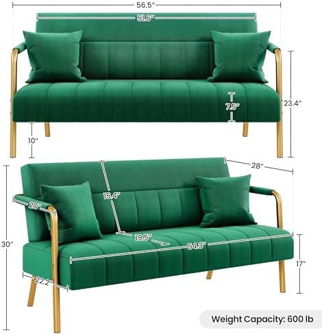 Yaheetech 56.5" Small Sofa 2 Seater Couch with Gold-Tone Legs, Green